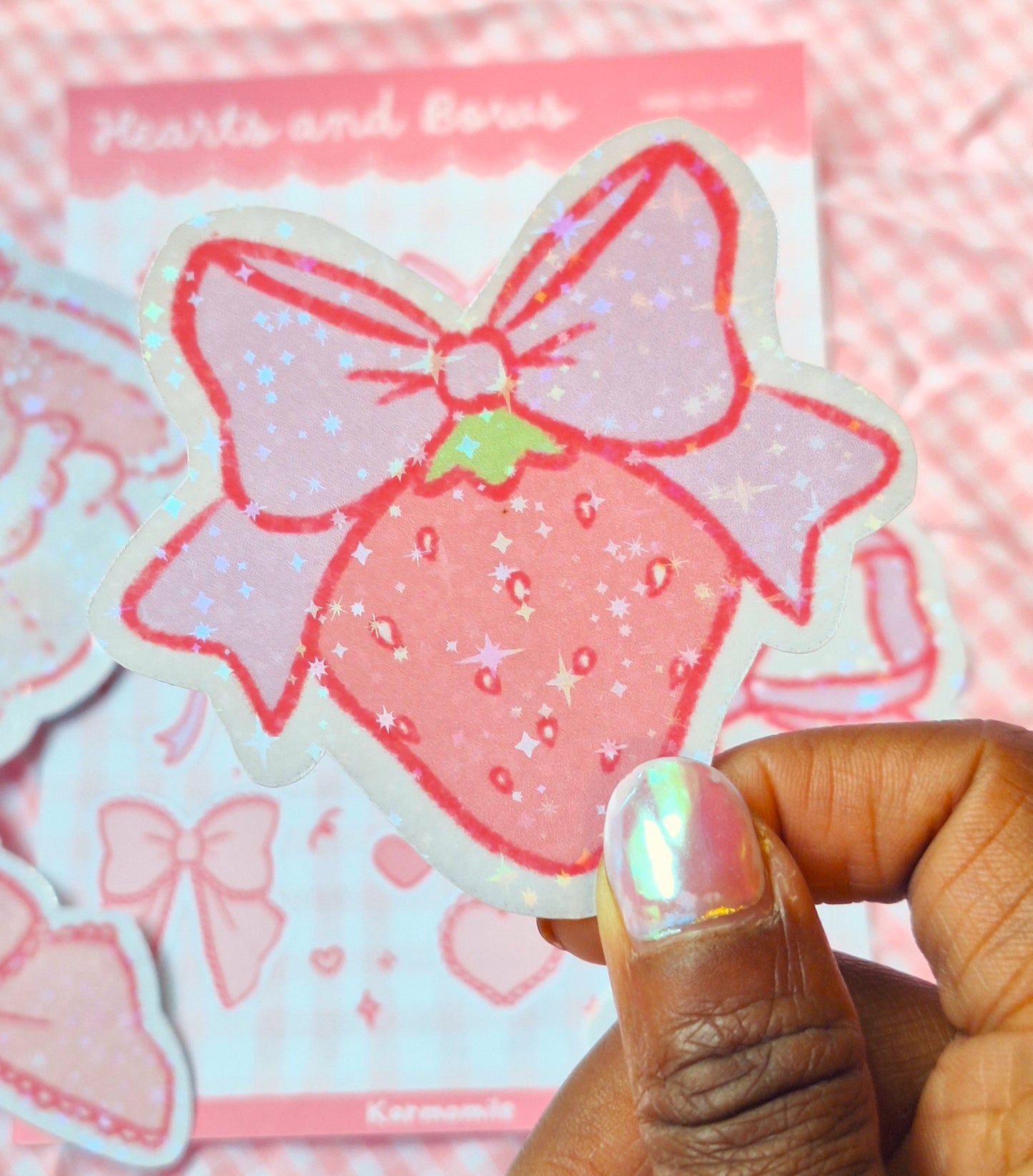 holographic strawberry bow sticker